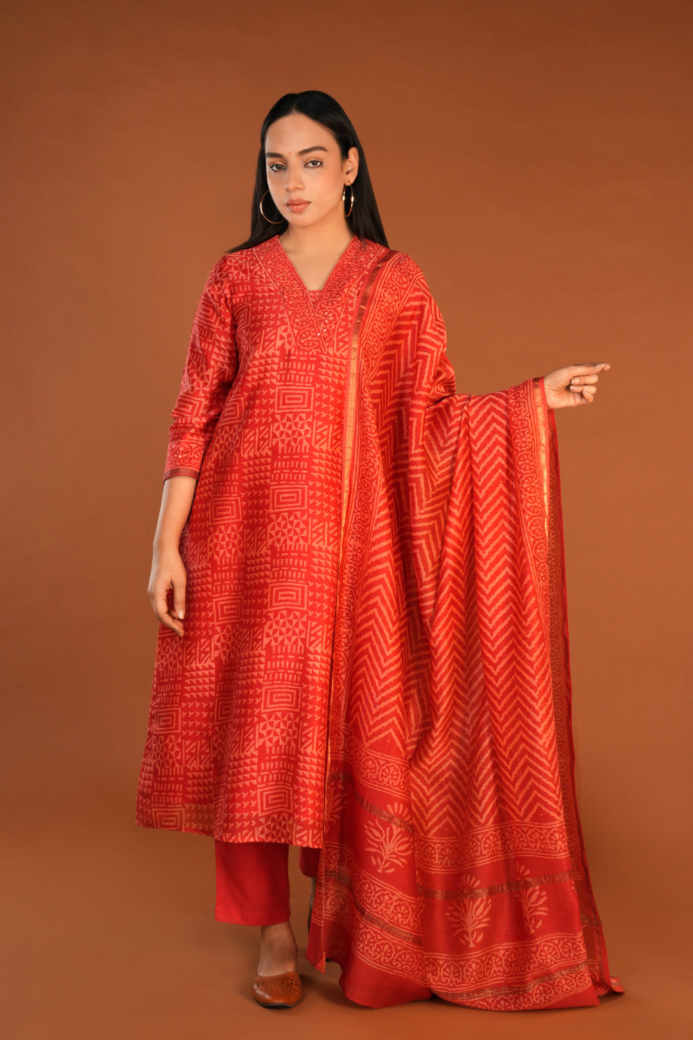 Image of Vermillion red Chanderi handblock printed Kurta set
